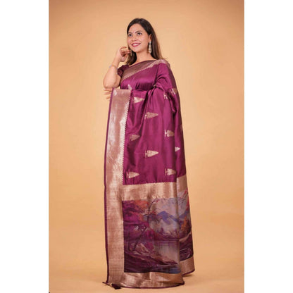 Isadora Life Womens Woven Zari Purple Pre-Draped Saree With Unstitched Blouse