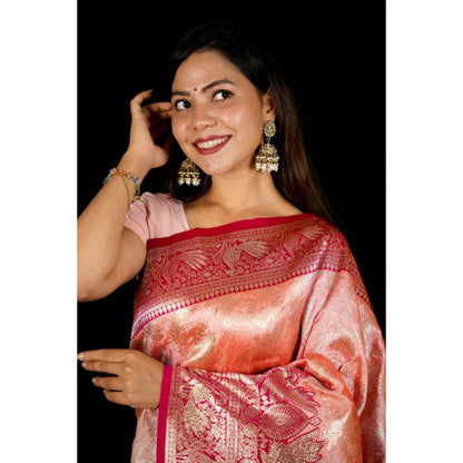 Isadora Life Womens Woven Tassels Coral Pre-Draped Saree With Unstitched Blouse