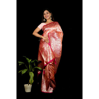 Isadora Life Womens Woven Tassels Coral Pre-Draped Saree With Unstitched Blouse