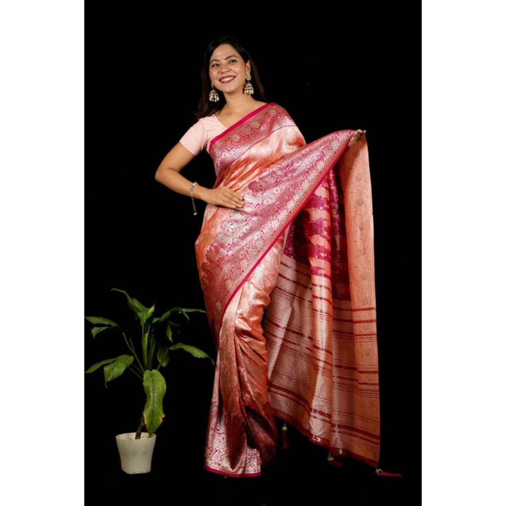 Isadora Life Womens Woven Tassels Coral Pre-Draped Saree With Unstitched Blouse