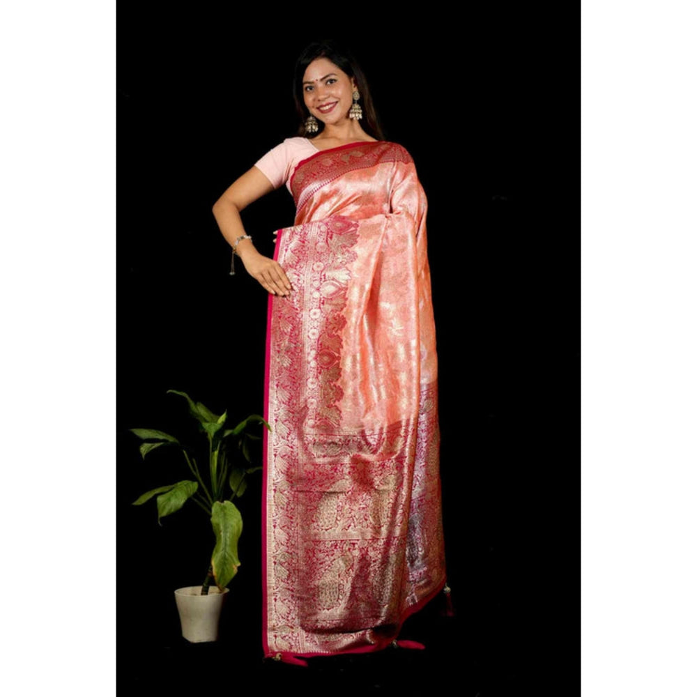 Isadora Life Womens Woven Tassels Coral Pre-Draped Saree With Unstitched Blouse