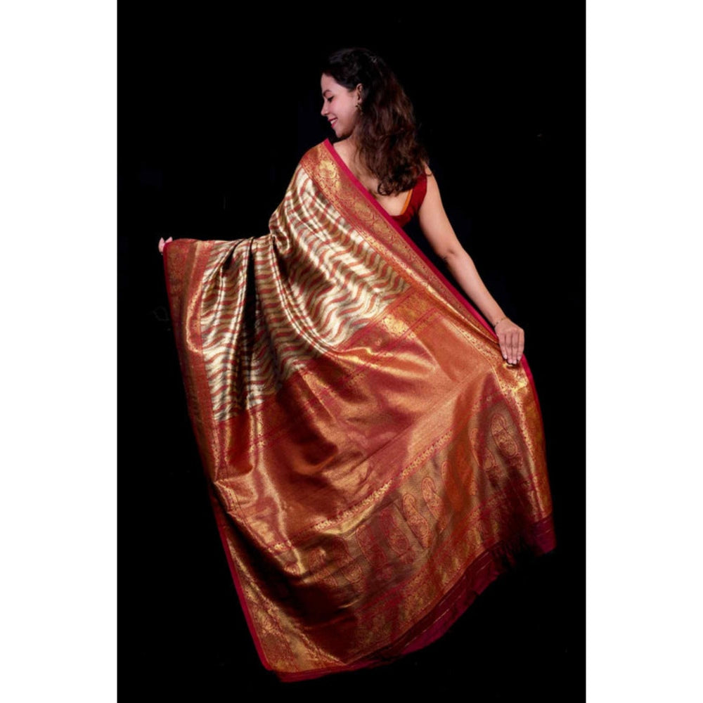 Isadora Life Womens Woven Zari Multi-Color Pre-Draped Saree With Unstitched Blouse