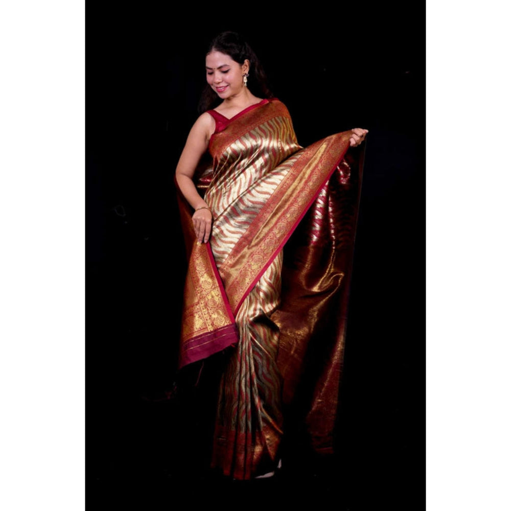 Isadora Life Womens Woven Zari Multi-Color Pre-Draped Saree With Unstitched Blouse