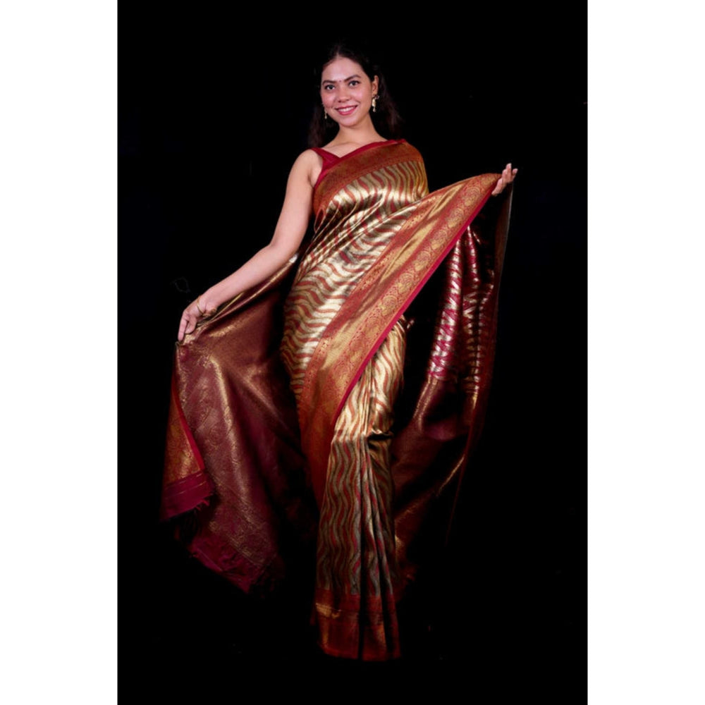 Isadora Life Womens Woven Zari Multi-Color Pre-Draped Saree With Unstitched Blouse