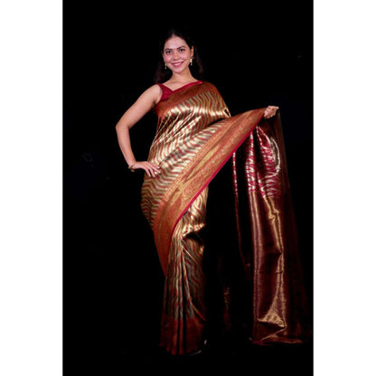 Isadora Life Womens Woven Zari Multi-Color Pre-Draped Saree With Unstitched Blouse