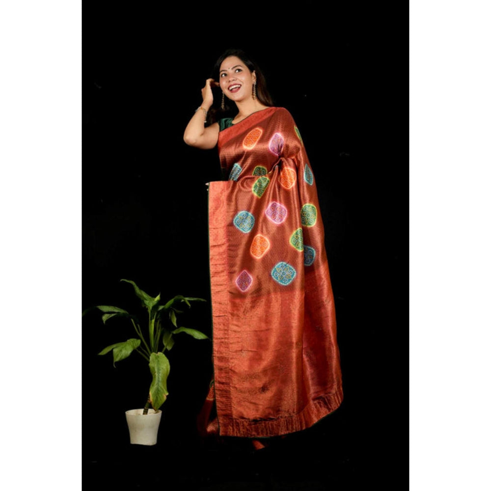 Isadora Life Womens Woven Zari Brown Pre-Draped Saree With Unstitched Blouse