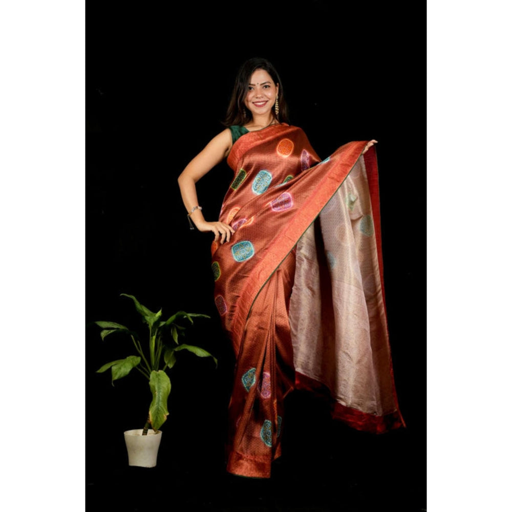 Isadora Life Womens Woven Zari Brown Pre-Draped Saree With Unstitched Blouse