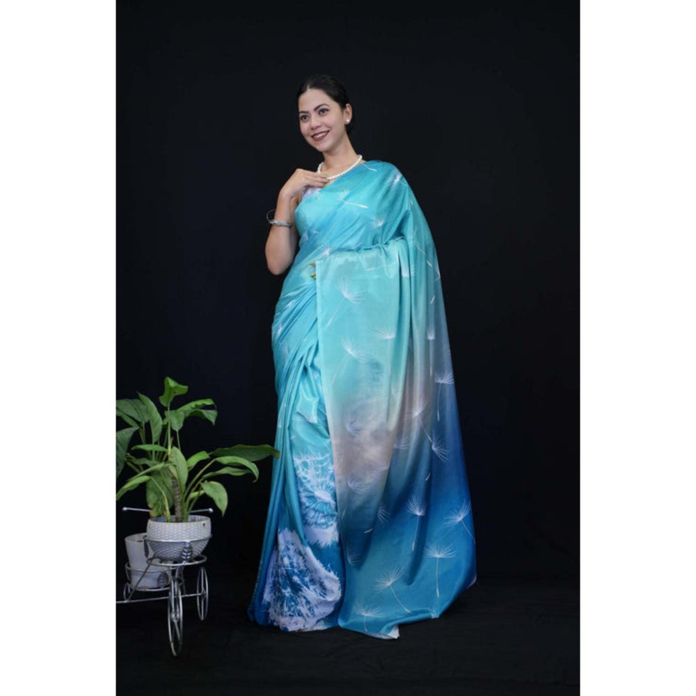Isadora Life Womens Printed Blue Pre-Draped Saree With Unstitched Blouse