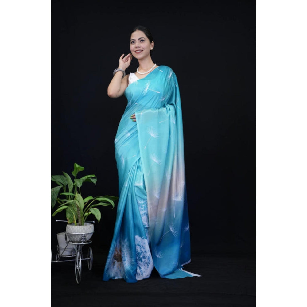 Isadora Life Womens Printed Blue Pre-Draped Saree With Unstitched Blouse