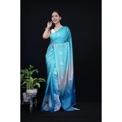Isadora Life Womens Printed Blue Pre-Draped Saree With Unstitched Blouse