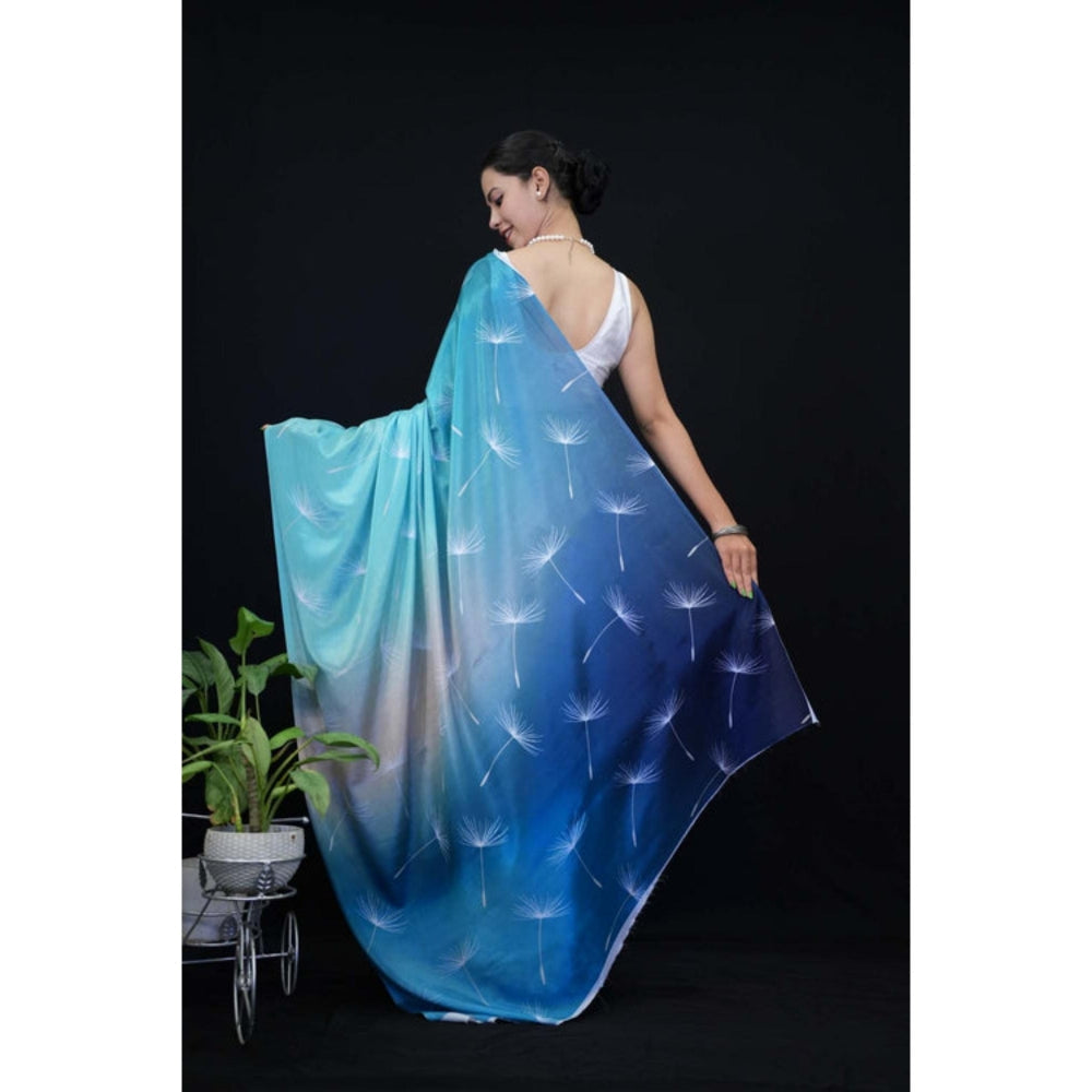 Isadora Life Womens Printed Blue Pre-Draped Saree With Unstitched Blouse