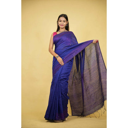 Isadora Life Womens Sequined Thread Work Blue Pre-Draped Saree With Unstitched Blouse