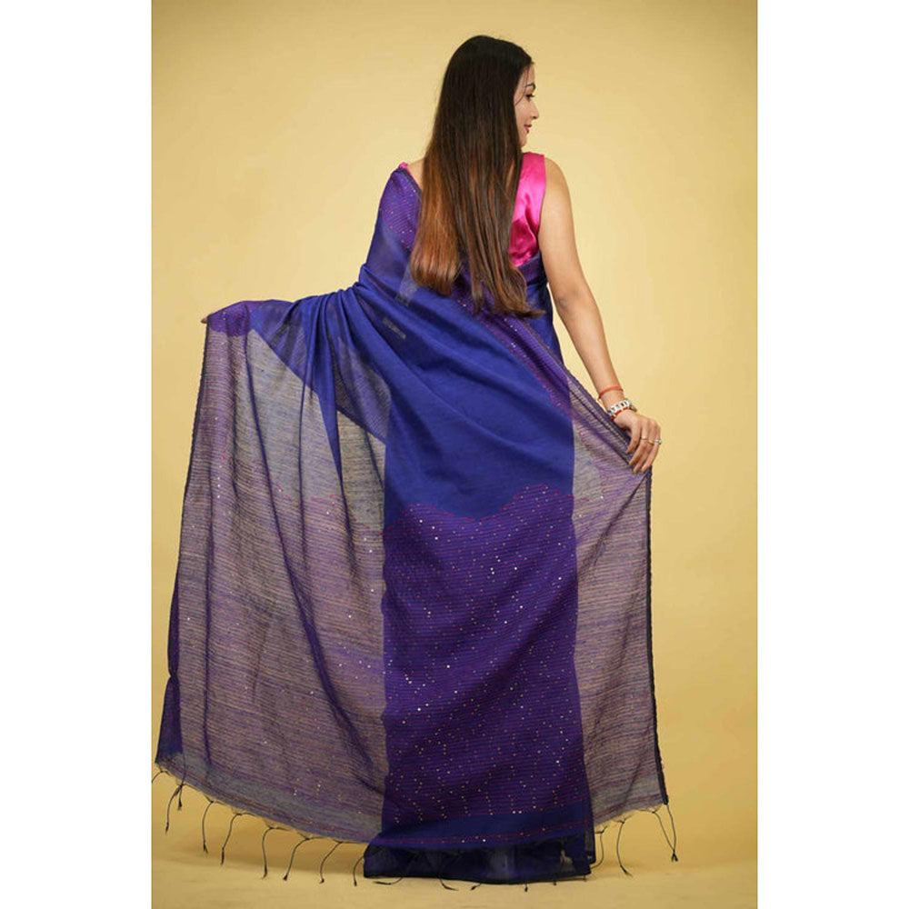 Isadora Life Womens Sequined Thread Work Blue Pre-Draped Saree With Unstitched Blouse