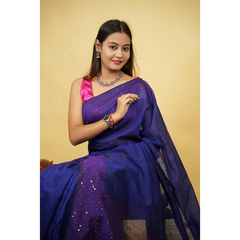 Isadora Life Womens Sequined Thread Work Blue Pre-Draped Saree With Unstitched Blouse