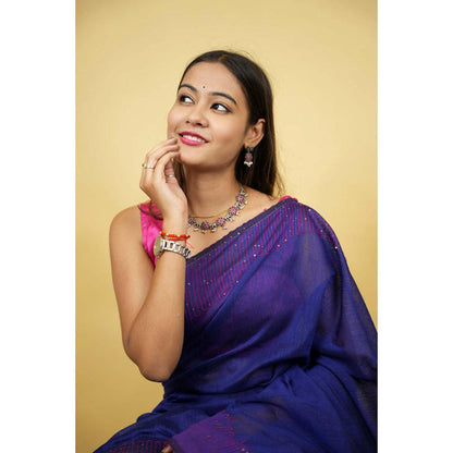 Isadora Life Womens Sequined Thread Work Blue Pre-Draped Saree With Unstitched Blouse