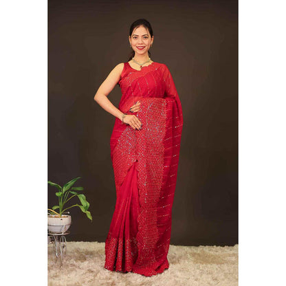 Isadora Life Womens Embroidered Sequined Red Pre-Draped Saree With Unstitched Blouse