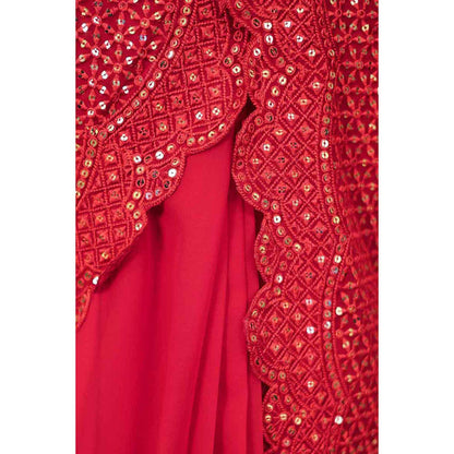 Isadora Life Womens Embroidered Sequined Red Pre-Draped Saree With Unstitched Blouse