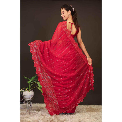 Isadora Life Womens Embroidered Sequined Red Pre-Draped Saree With Unstitched Blouse