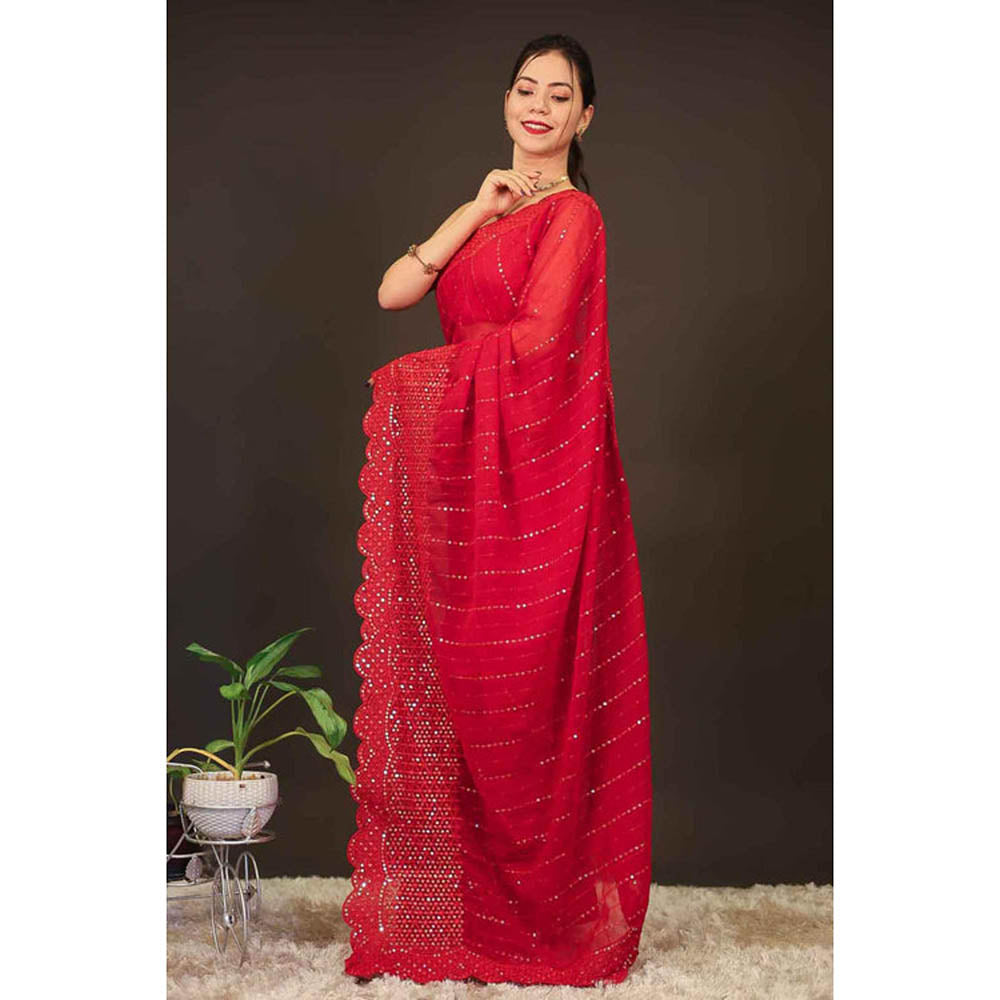 Isadora Life Womens Embroidered Sequined Red Pre-Draped Saree With Unstitched Blouse