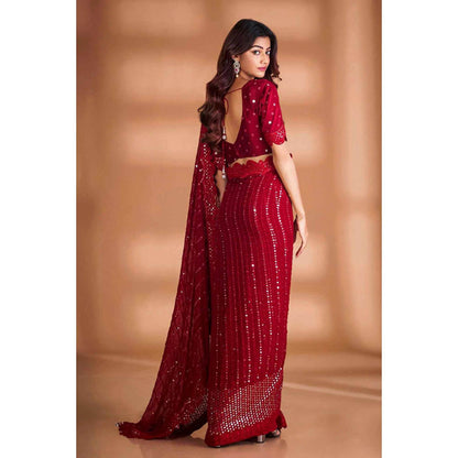 Isadora Life Womens Embroidered Sequined Red Pre-Draped Saree With Unstitched Blouse