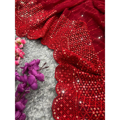 Isadora Life Womens Embroidered Sequined Red Pre-Draped Saree With Unstitched Blouse