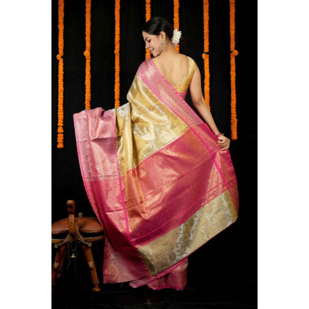 Isadora Life Womens Woven Zari Yellow Pre-Draped Saree With Unstitched Blouse