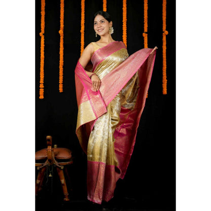 Isadora Life Womens Woven Zari Yellow Pre-Draped Saree With Unstitched Blouse