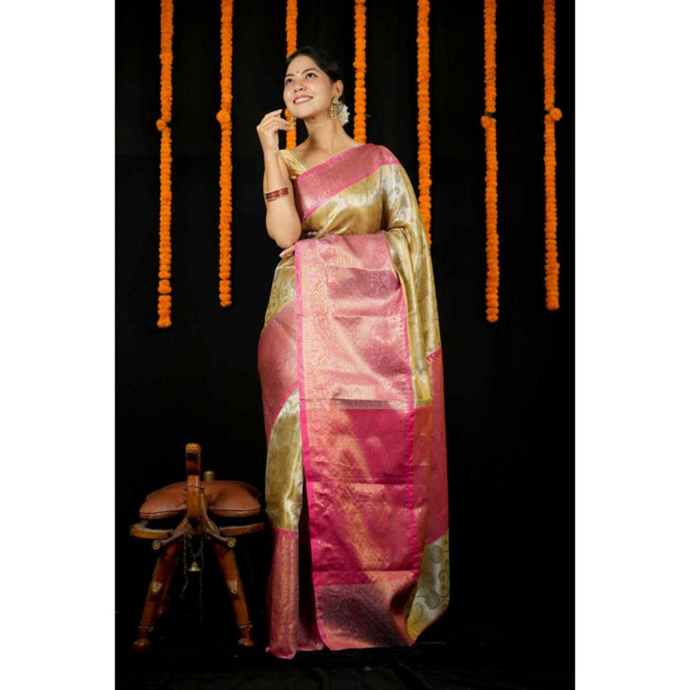 Isadora Life Womens Woven Zari Yellow Pre-Draped Saree With Unstitched Blouse