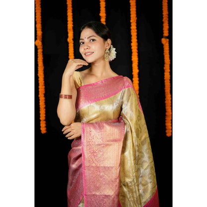 Isadora Life Womens Woven Zari Yellow Pre-Draped Saree With Unstitched Blouse