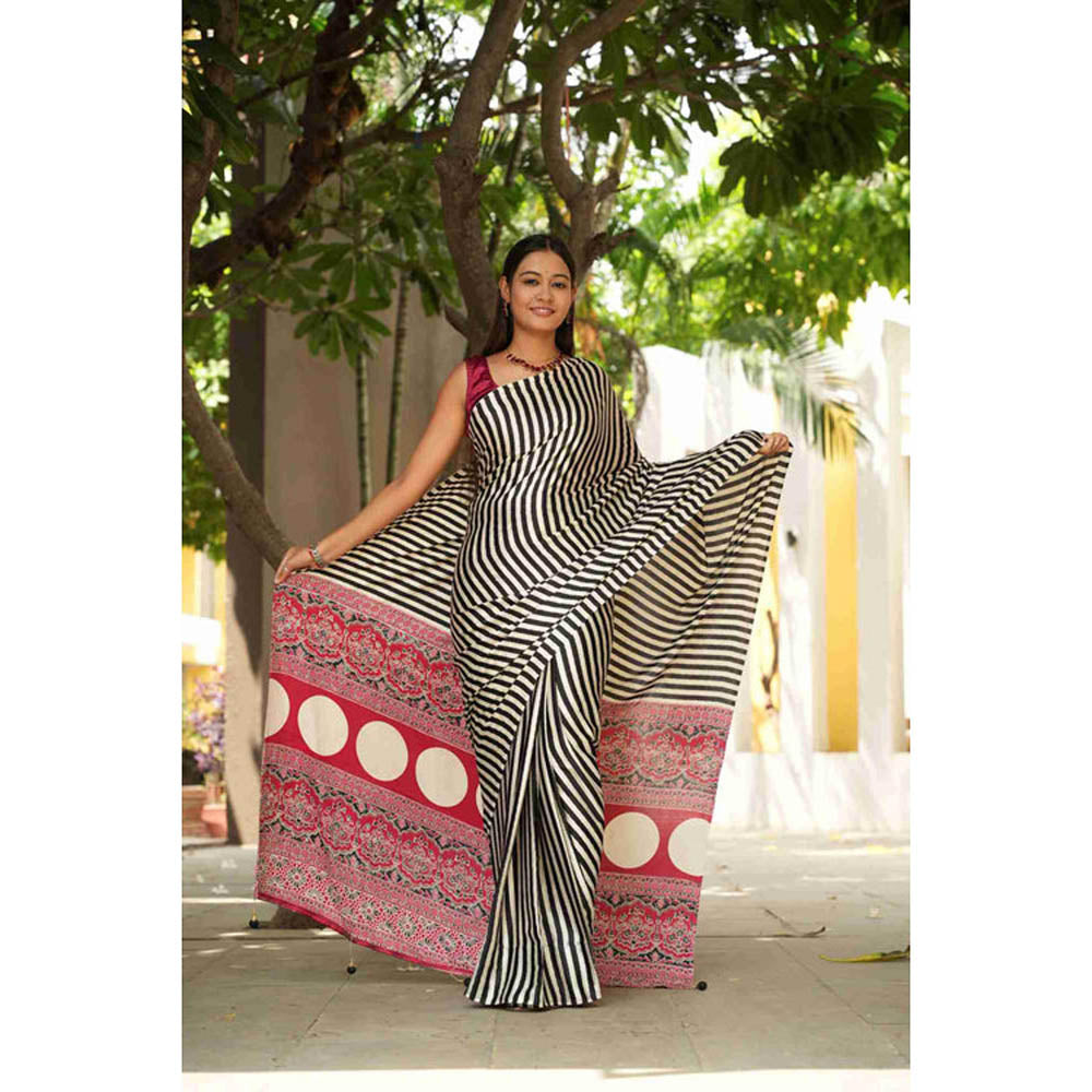 Isadora Life Womens Printed Stripes Multi-Color Pre-Draped Saree With Unstitched Blouse