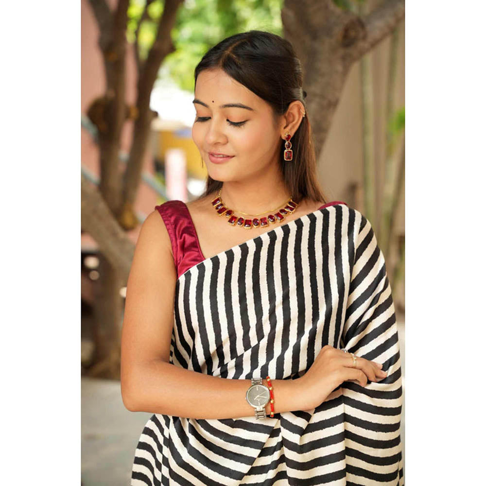 Isadora Life Womens Printed Stripes Multi-Color Pre-Draped Saree With Unstitched Blouse