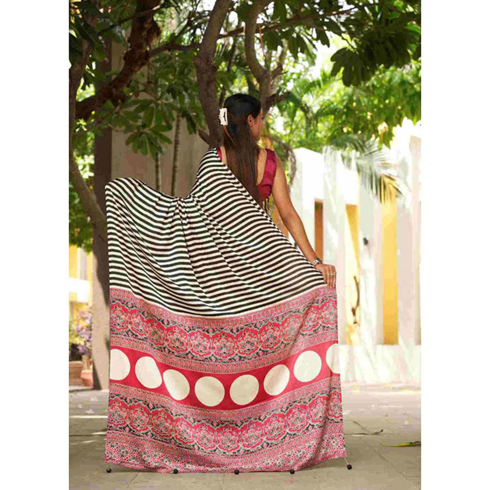 Isadora Life Womens Printed Stripes Multi-Color Pre-Draped Saree With Unstitched Blouse