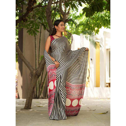 Isadora Life Womens Printed Stripes Multi-Color Pre-Draped Saree With Unstitched Blouse