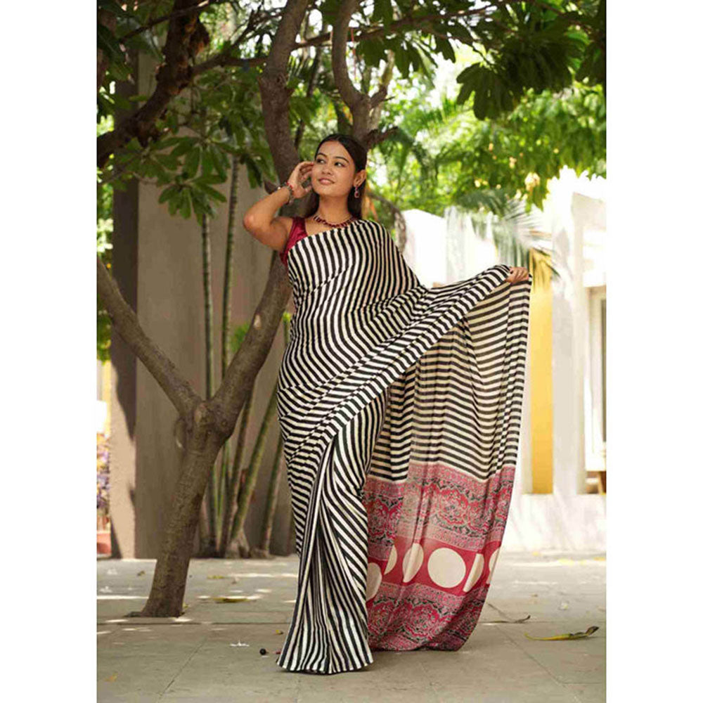 Isadora Life Womens Printed Stripes Multi-Color Pre-Draped Saree With Unstitched Blouse