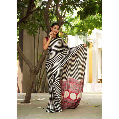 Isadora Life Womens Printed Stripes Multi-Color Pre-Draped Saree With Unstitched Blouse
