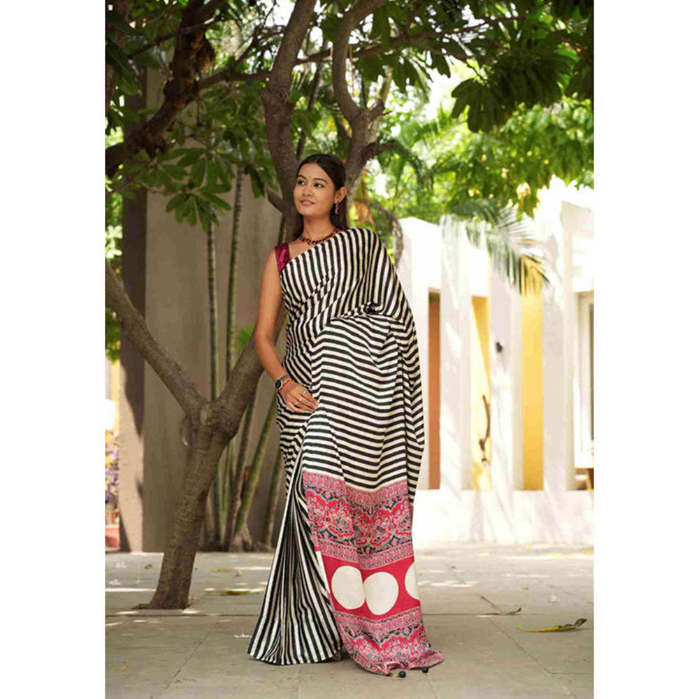 Isadora Life Womens Printed Stripes Multi-Color Pre-Draped Saree With Unstitched Blouse