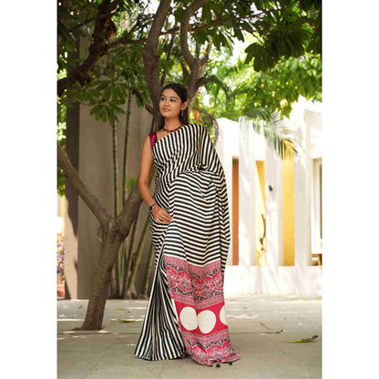 Isadora Life Womens Printed Stripes Multi-Color Pre-Draped Saree With Unstitched Blouse