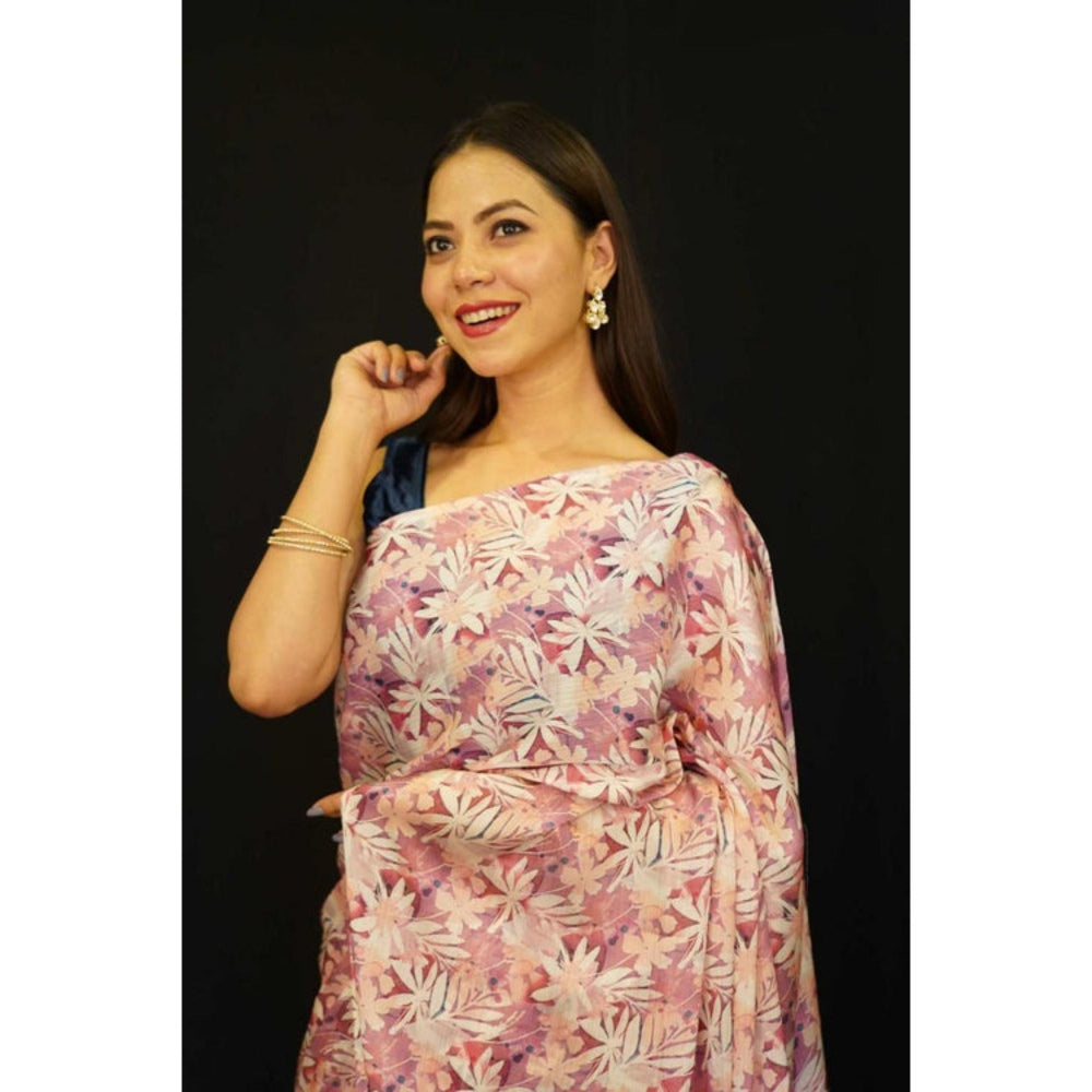 Isadora Life Womens Floral Printed Pink Pre-Draped Saree With Unstitched Blouse