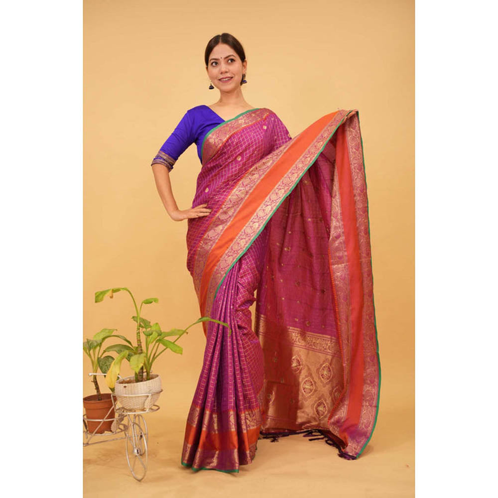 Isadora Life Womens Checks Zari Pink Pre-Draped Saree With Unstitched Blouse