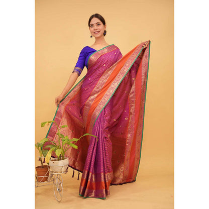Isadora Life Womens Checks Zari Pink Pre-Draped Saree With Unstitched Blouse