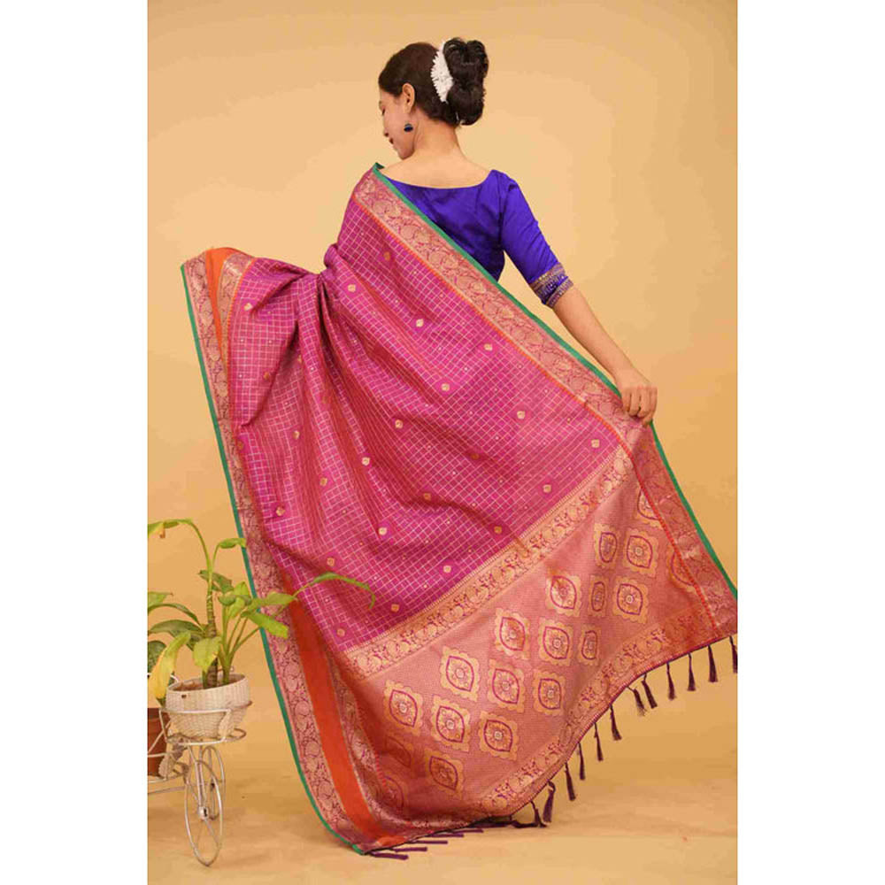 Isadora Life Womens Checks Zari Pink Pre-Draped Saree With Unstitched Blouse