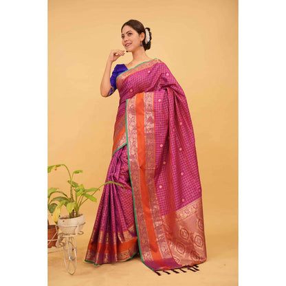 Isadora Life Womens Checks Zari Pink Pre-Draped Saree With Unstitched Blouse