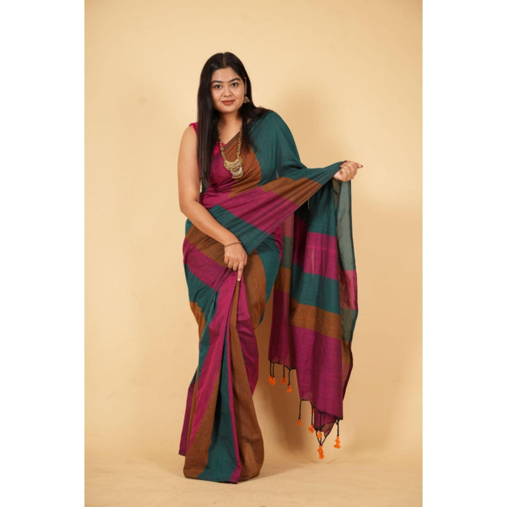 Isadora Life Womens Stripes Tassels Multi-Color Pre-Draped Saree With Unstitched Blouse