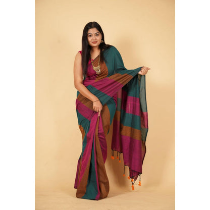 Isadora Life Womens Stripes Tassels Multi-Color Pre-Draped Saree With Unstitched Blouse