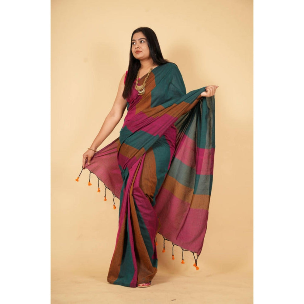 Isadora Life Womens Stripes Tassels Multi-Color Pre-Draped Saree With Unstitched Blouse