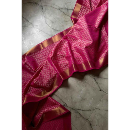 Isadora Life Womens Woven Zari Pink Pre-Draped Saree With Unstitched Blouse
