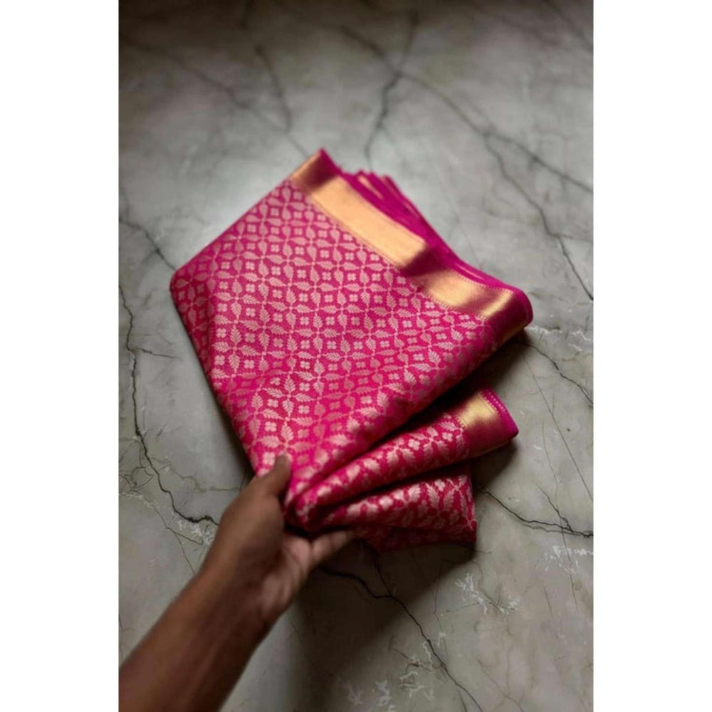 Isadora Life Womens Woven Zari Pink Pre-Draped Saree With Unstitched Blouse