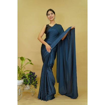 Isadora Life Womens Beads Sequined Blue Pre-Draped Saree With Unstitched Blouse