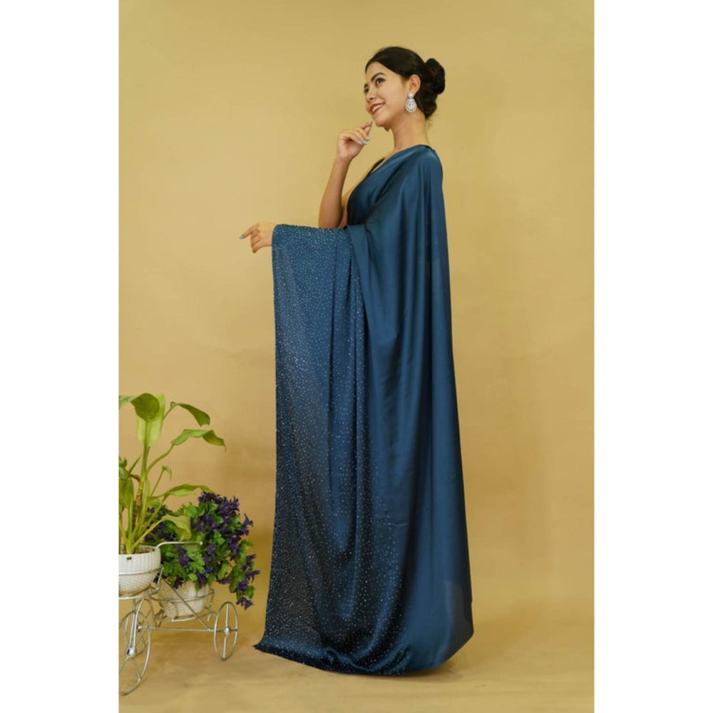 Isadora Life Womens Beads Sequined Blue Pre-Draped Saree With Unstitched Blouse