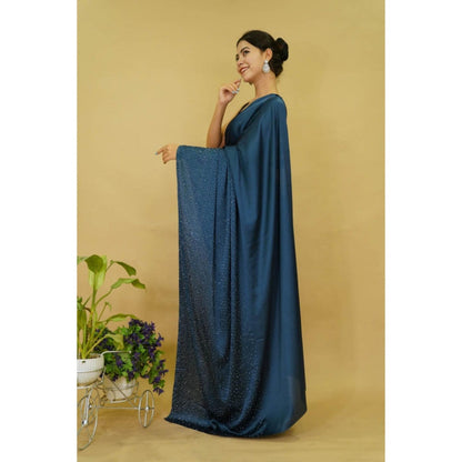 Isadora Life Womens Beads Sequined Blue Pre-Draped Saree With Unstitched Blouse